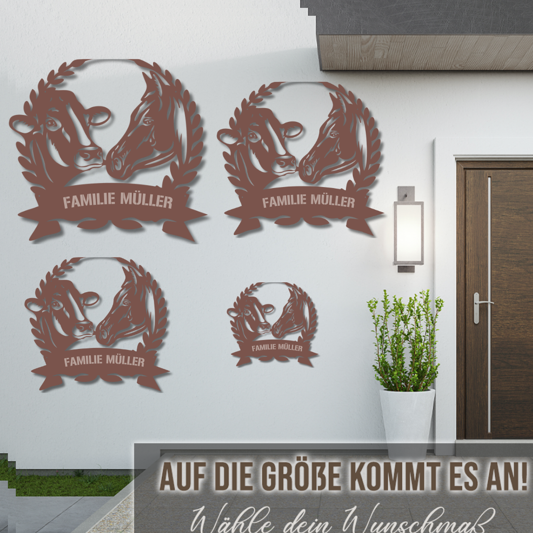 Hofschild - Kuh Pferd Blumenkranz aus edlem Stahl (personalisierbar)