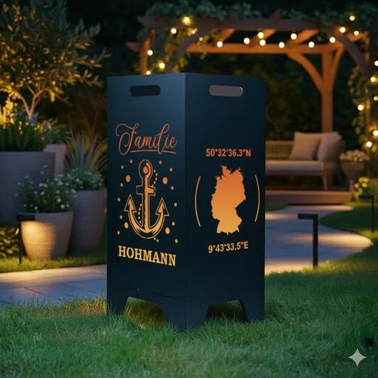 Feuertonne personalisierbar - Anker & Weltkarte mit Koordinaten aus edlem Stahl