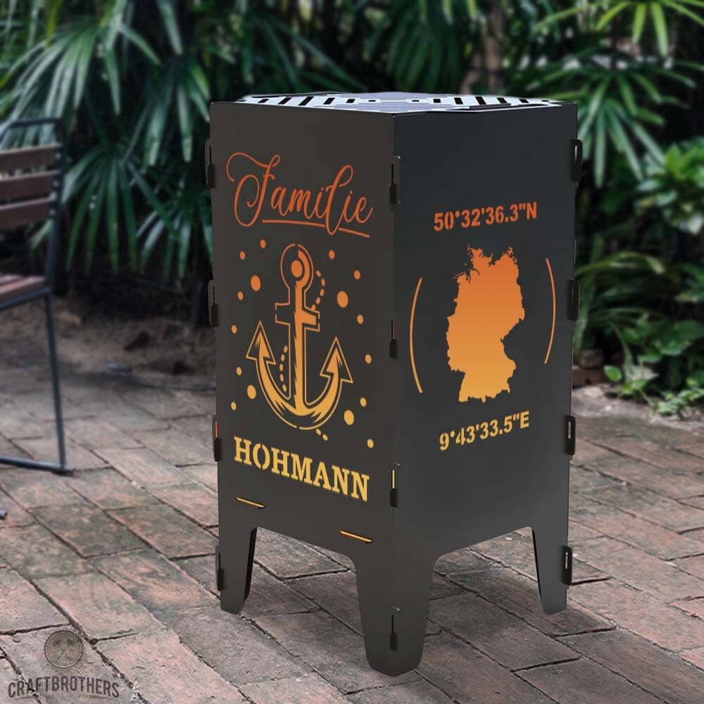 Feuertonne personalisierbar - Anker & Weltkarte mit Koordinaten aus edlem Stahl Craftbrothers