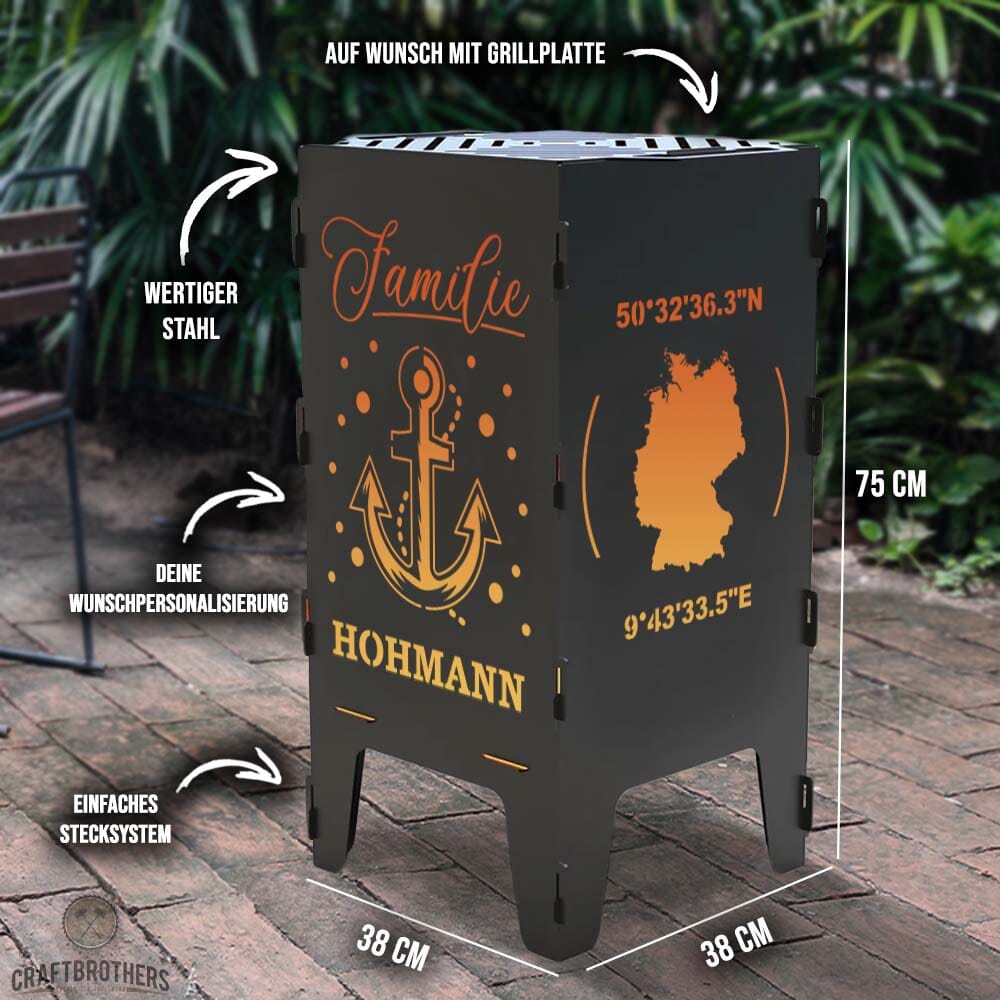 Feuertonne personalisierbar - Anker & Weltkarte mit Koordinaten aus edlem Stahl Craftbrothers