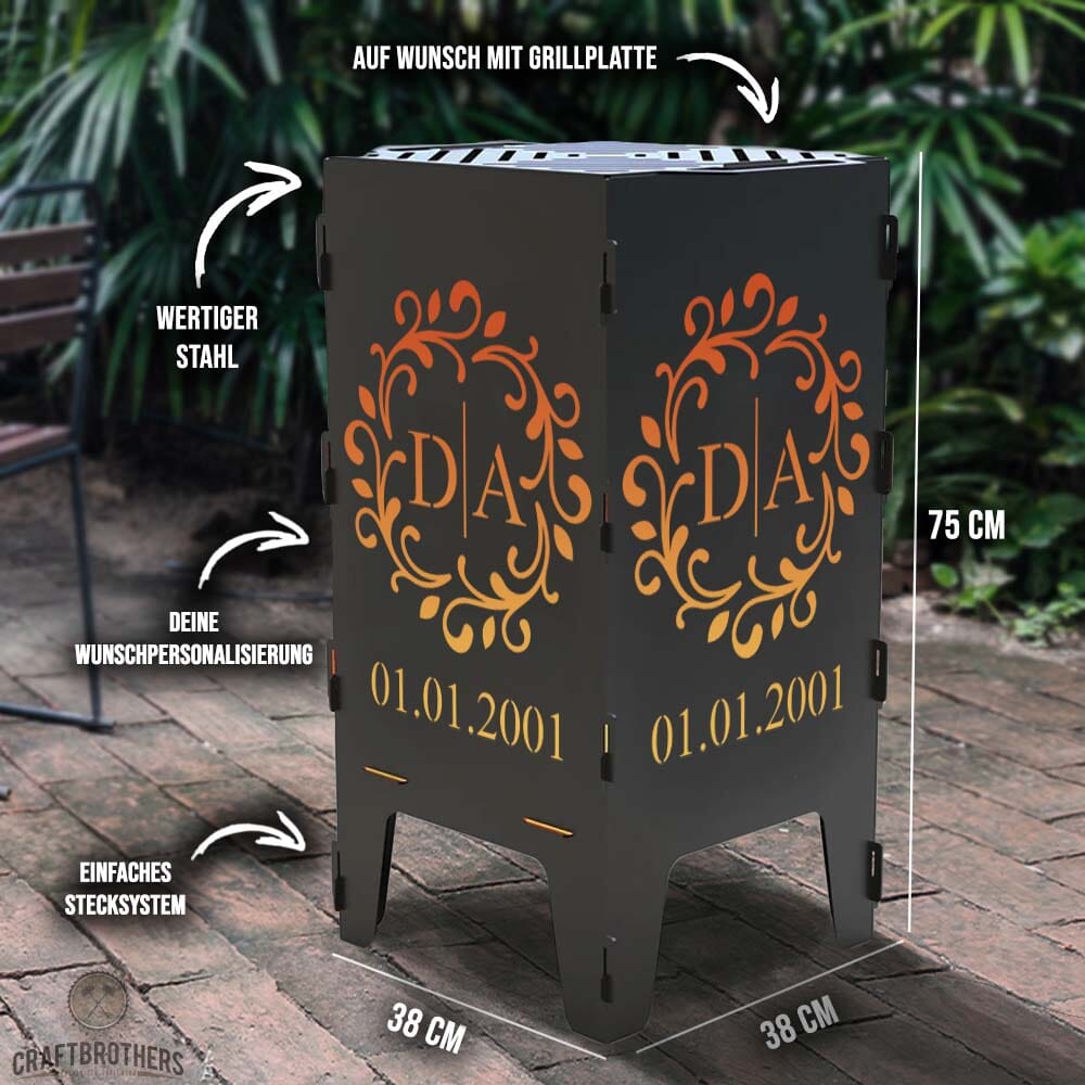 Feuertonne personalisierbar - Blätterranke aus edlem Stahl Craftbrothers