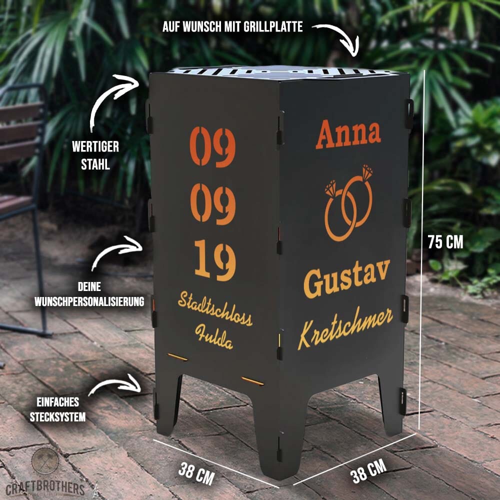 Feuertonne personalisierbar - Hochzeit - Datum, Ort und Namen Craftbrothers