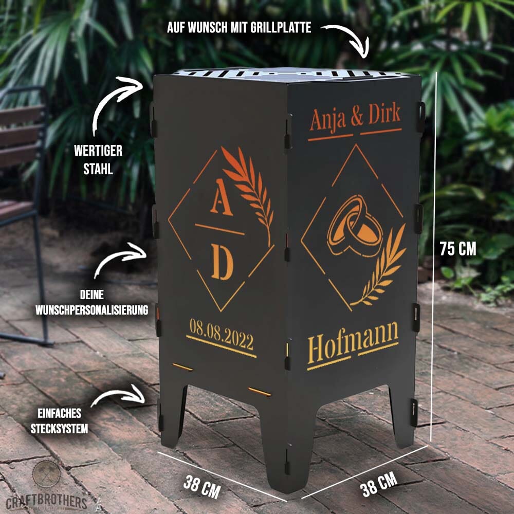 Feuertonne personalisierbar - Hochzeit - Quadrat mit Initialien Craftbrothers