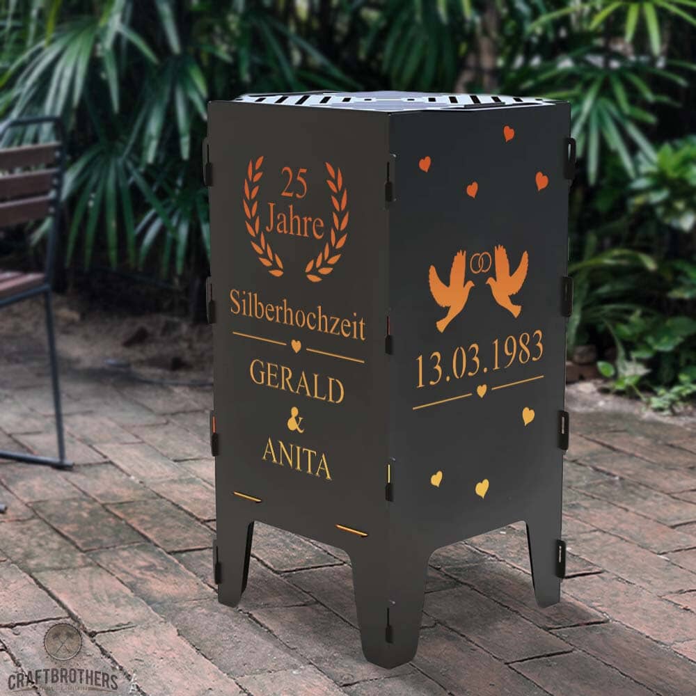 Feuertonne personalisierbar - Hochzeit - Jubiläum Tauben aus edlem Stahl Craftbrothers
