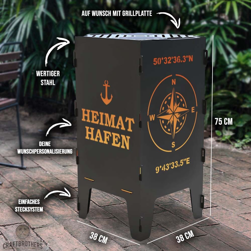 Feuertonne personalisierbar - Kompass mit Koordinaten aus edlem Stahl Craftbrothers