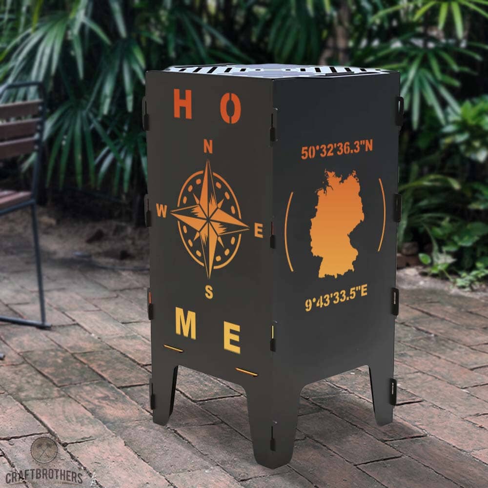 Feuertonne personalisierbar - Kompass & Weltkarte mit Koordinaten aus edlem Stahl Craftbrothers