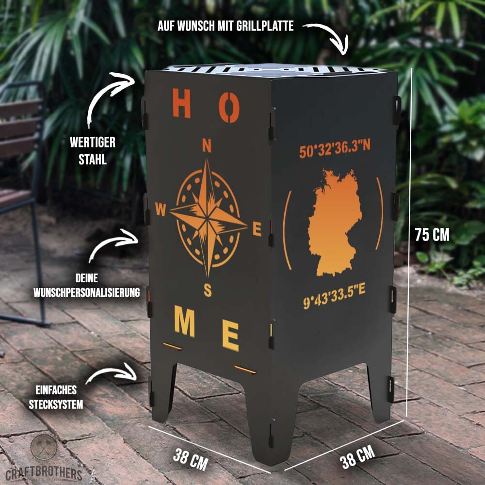 Feuertonne personalisierbar - Kompass & Weltkarte mit Koordinaten aus edlem Stahl Craftbrothers