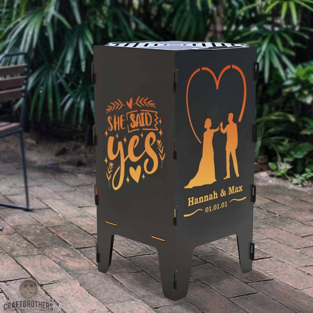 Feuertonne personalisierbar - Hochzeit - She said yes aus edlem Stahl Craftbrothers