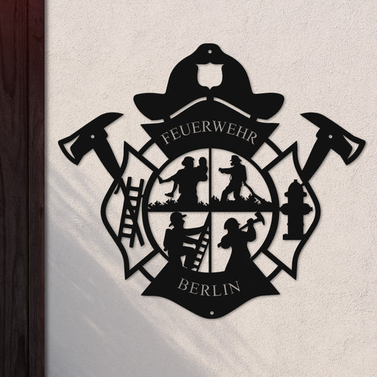 Feuerwehrwappen II mit Wunschtext aus edlem Stahl (personalisierbar)