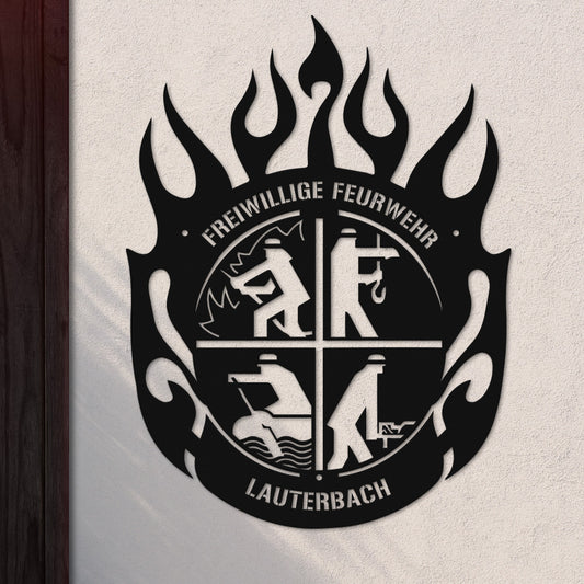 Feuerwehrwappen mit Wunschtext aus edlem Stahl (personalisierbar)