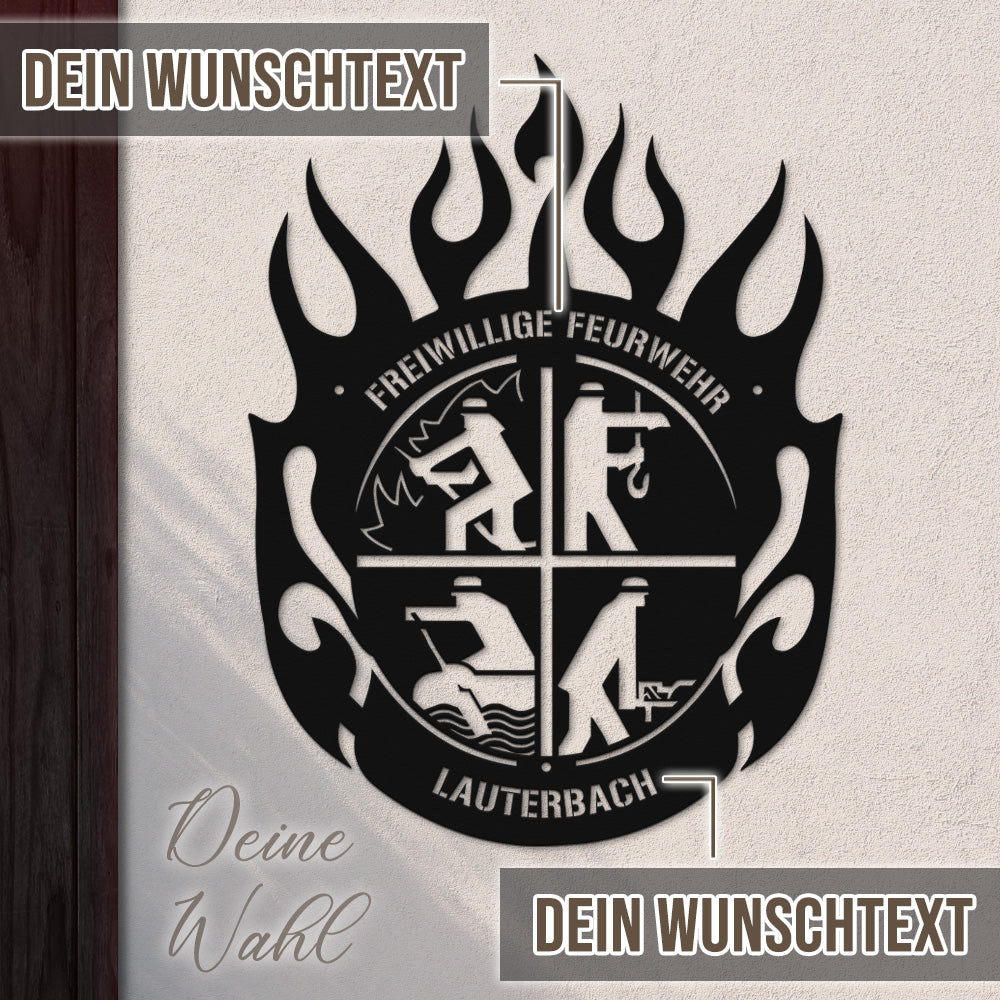 Feuerwehrwappen mit Wunschtext aus edlem Stahl (personalisierbar)
