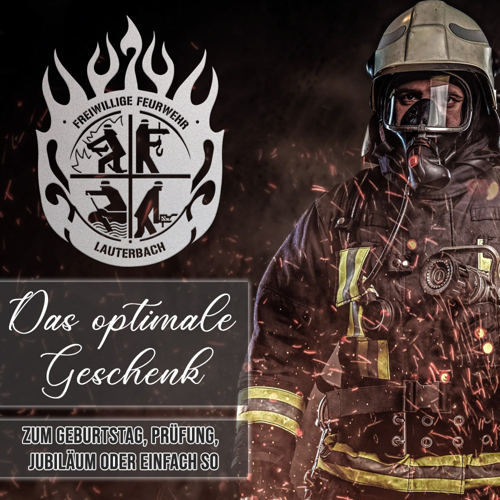 Feuerwehrwappen mit Wunschtext aus edlem Stahl (personalisierbar)