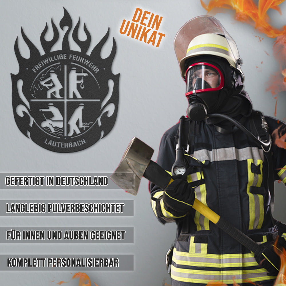 Feuerwehrwappen mit Wunschtext aus edlem Stahl (personalisierbar)
