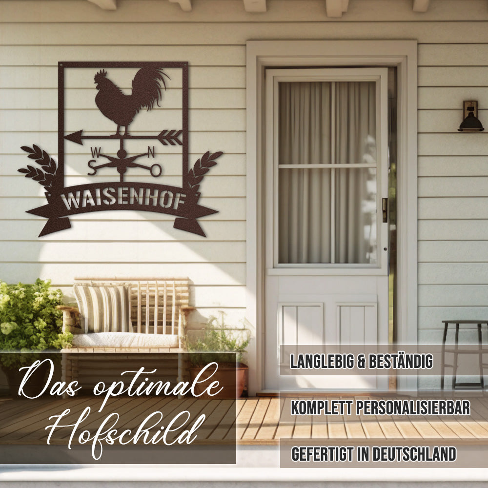Hofschild - Hahn Windspiel aus edlem Stahl (personalisierbar)