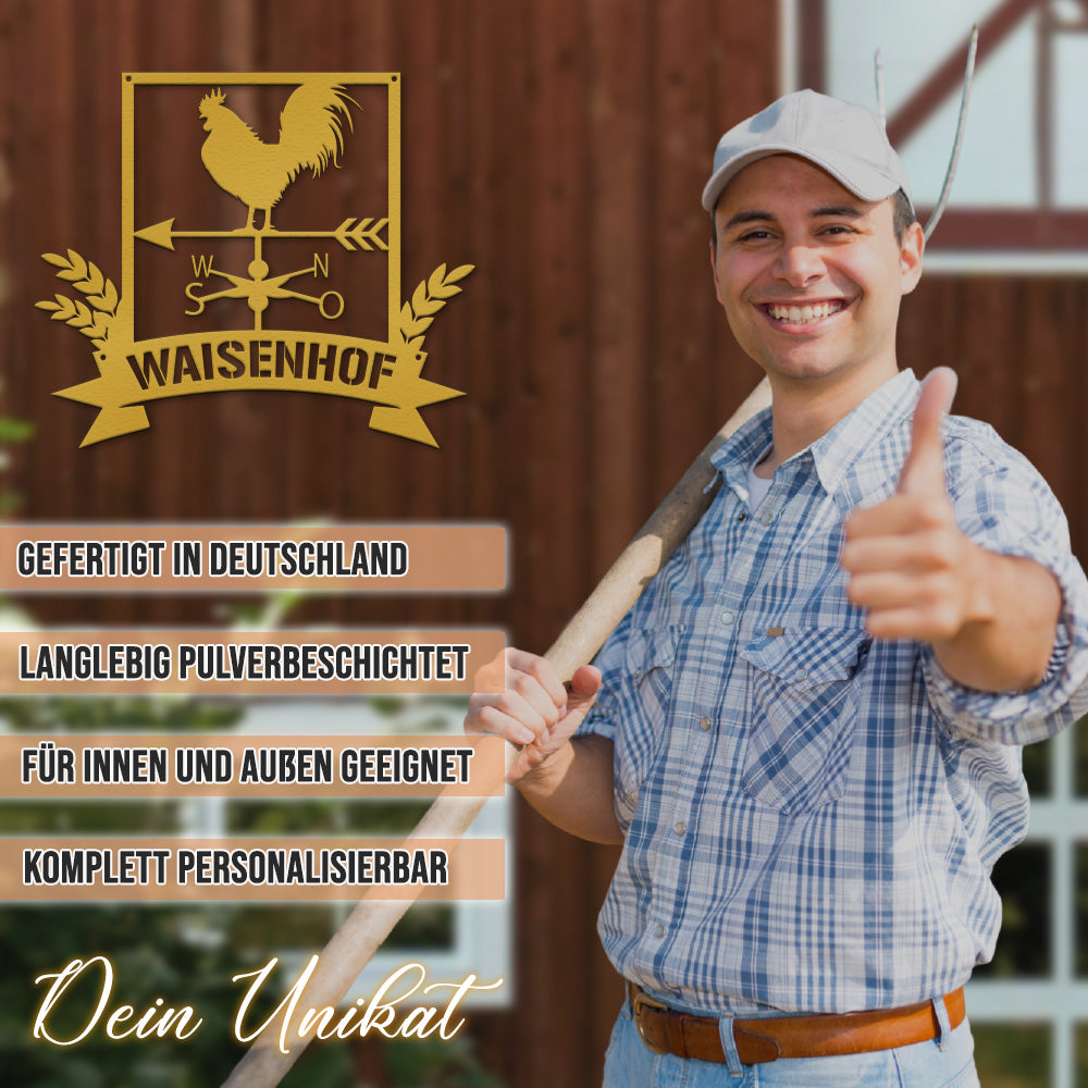 Hofschild - Hahn Windspiel aus edlem Stahl (personalisierbar)