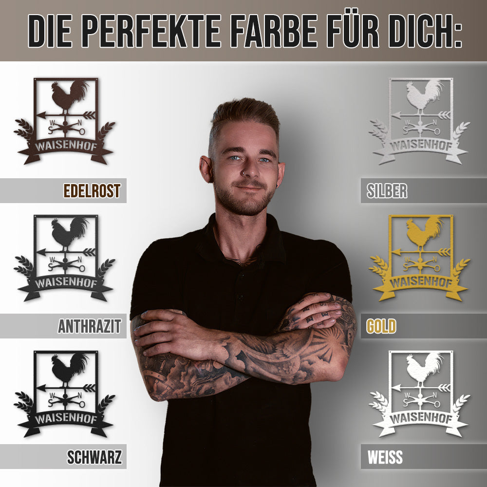 Hofschild - Hahn Windspiel aus edlem Stahl (personalisierbar)