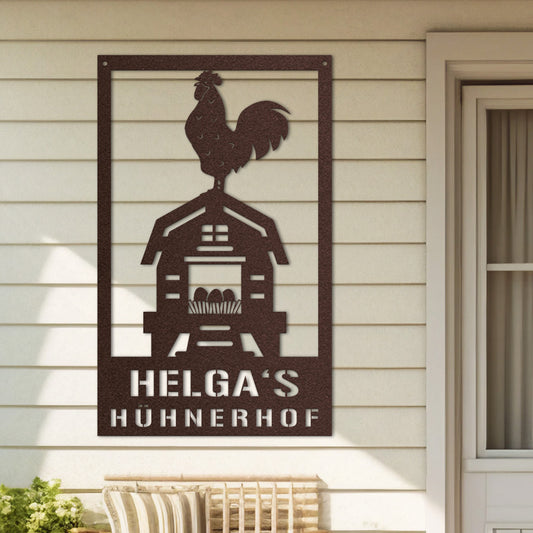 Hofschild - Hahn auf Stall aus edlem Stahl (personalisierbar)