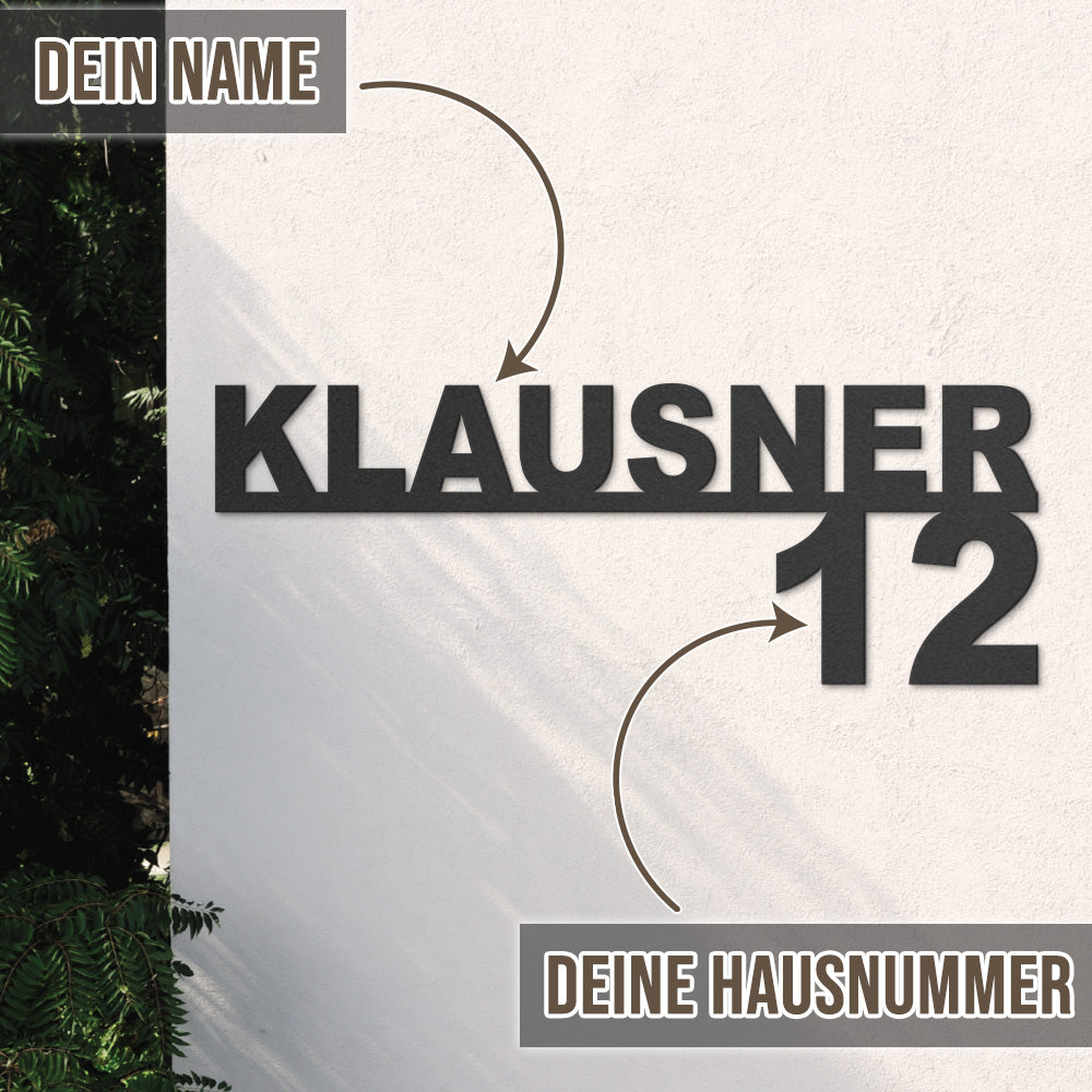 Hausnummer-Türschild Simple mit Familiennamen aus edlem Stahl (personalisierbar)