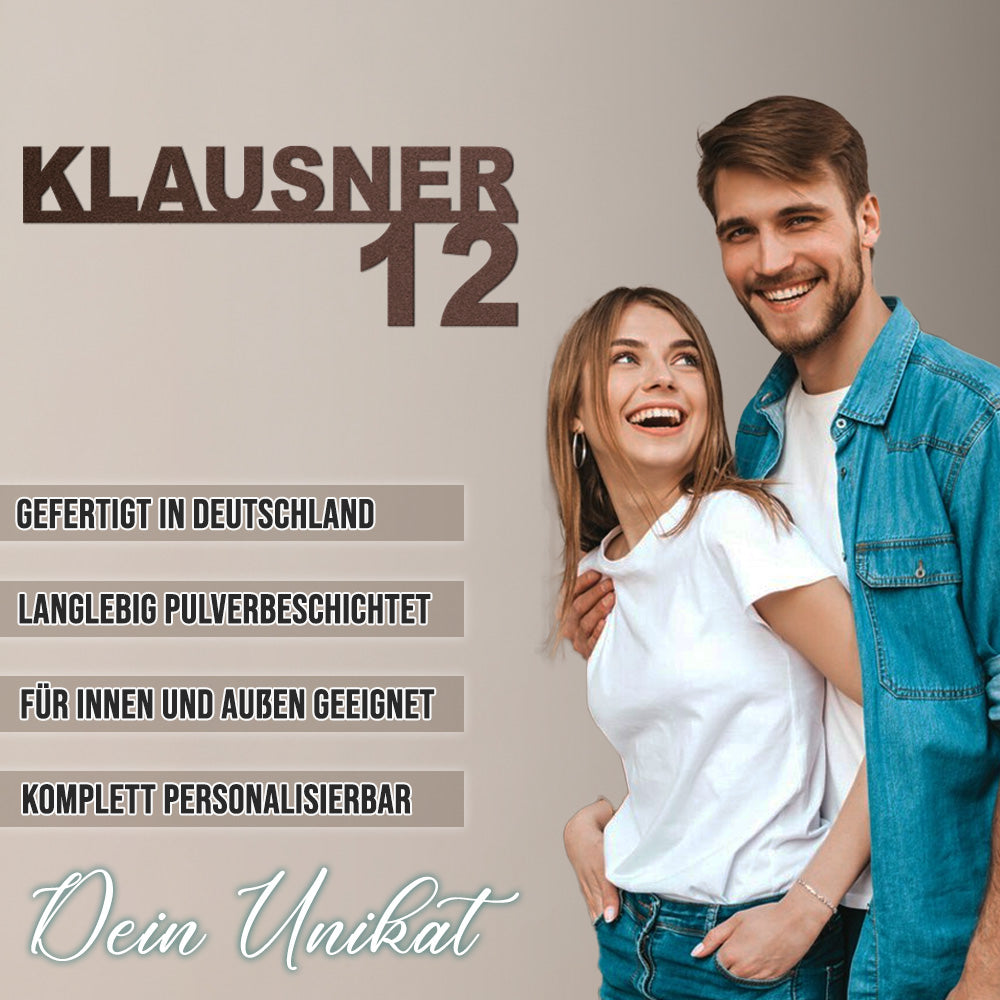 Hausnummer-Türschild Simple mit Familiennamen aus edlem Stahl (personalisierbar)