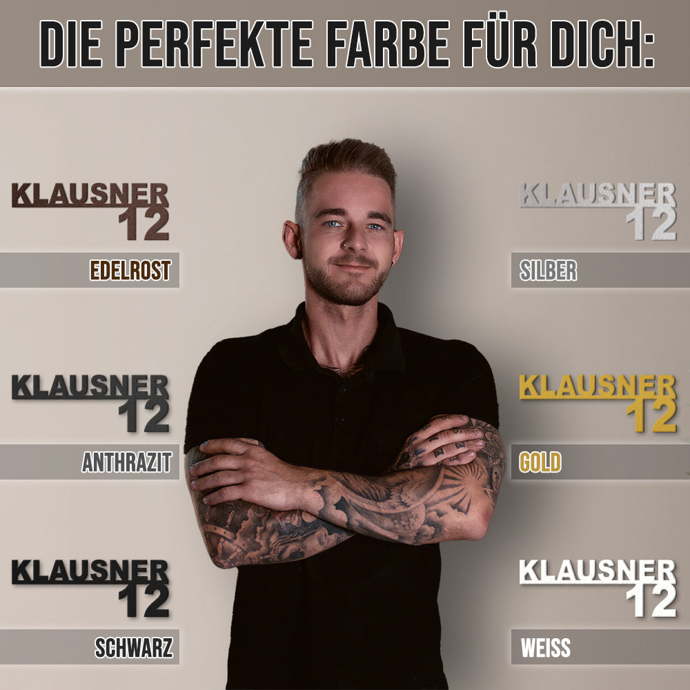 Hausnummer-Türschild Simple mit Familiennamen aus edlem Stahl (personalisierbar)