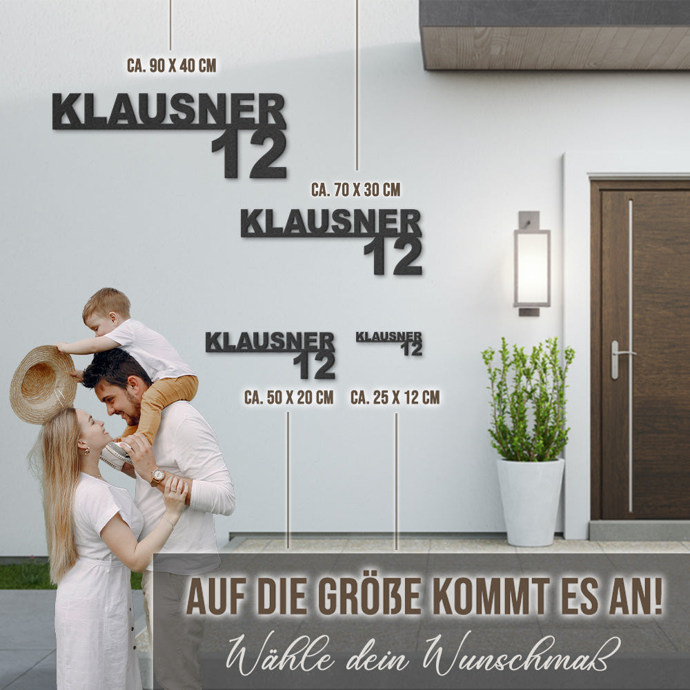 Hausnummer-Türschild Simple mit Familiennamen aus edlem Stahl (personalisierbar)