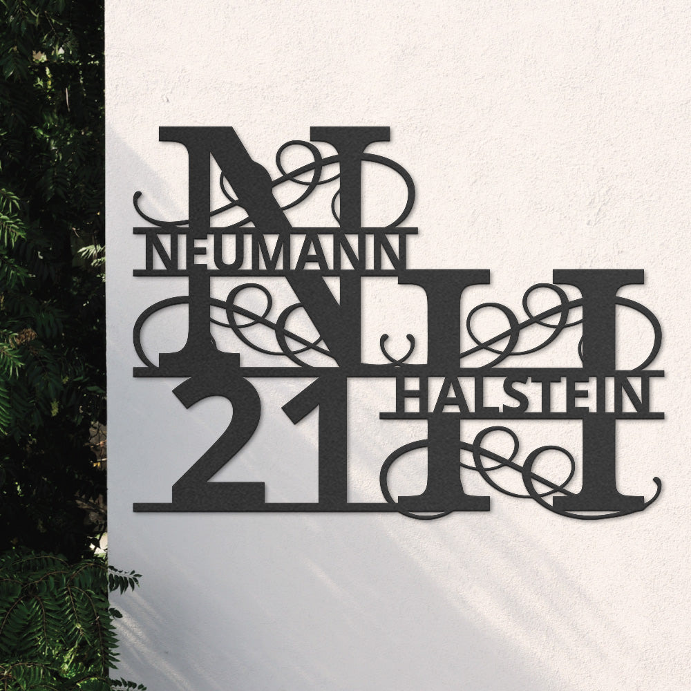 Hausnummern-Monogramm zweizeilig mit Namensinitialien und kompletten Vor-und Nachnamen (personalisierbar)