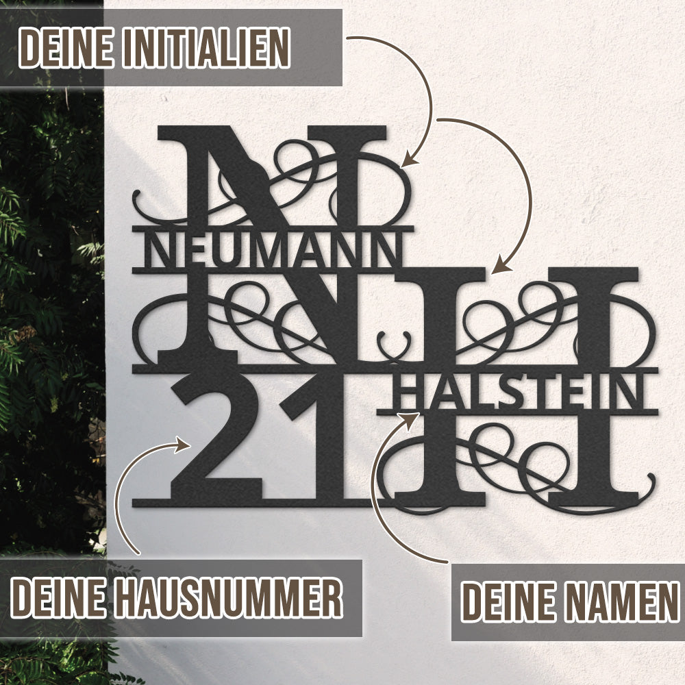 Hausnummern-Monogramm zweizeilig mit Namensinitialien und kompletten Vor-und Nachnamen (personalisierbar)