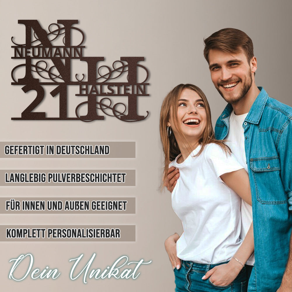 Hausnummern-Monogramm zweizeilig mit Namensinitialien und kompletten Vor-und Nachnamen (personalisierbar)