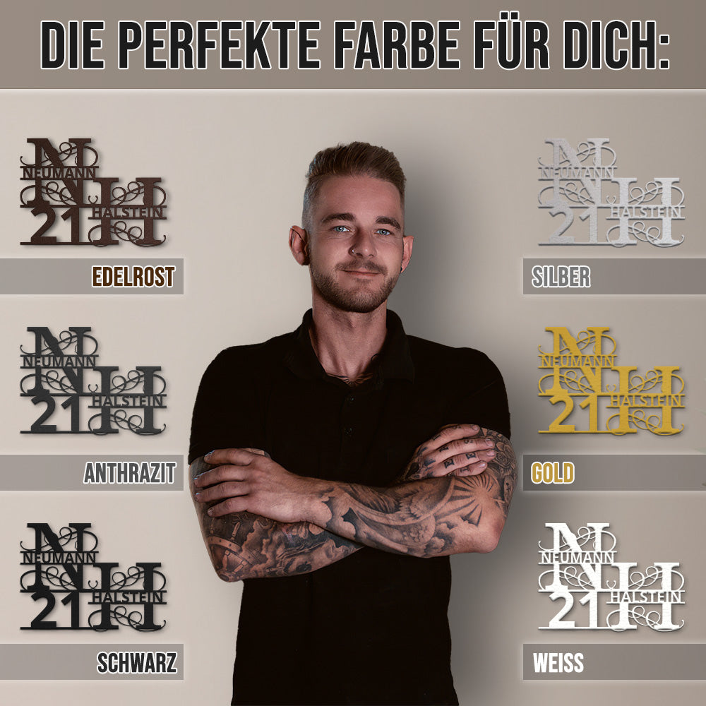 Hausnummern-Monogramm zweizeilig mit Namensinitialien und kompletten Vor-und Nachnamen (personalisierbar)