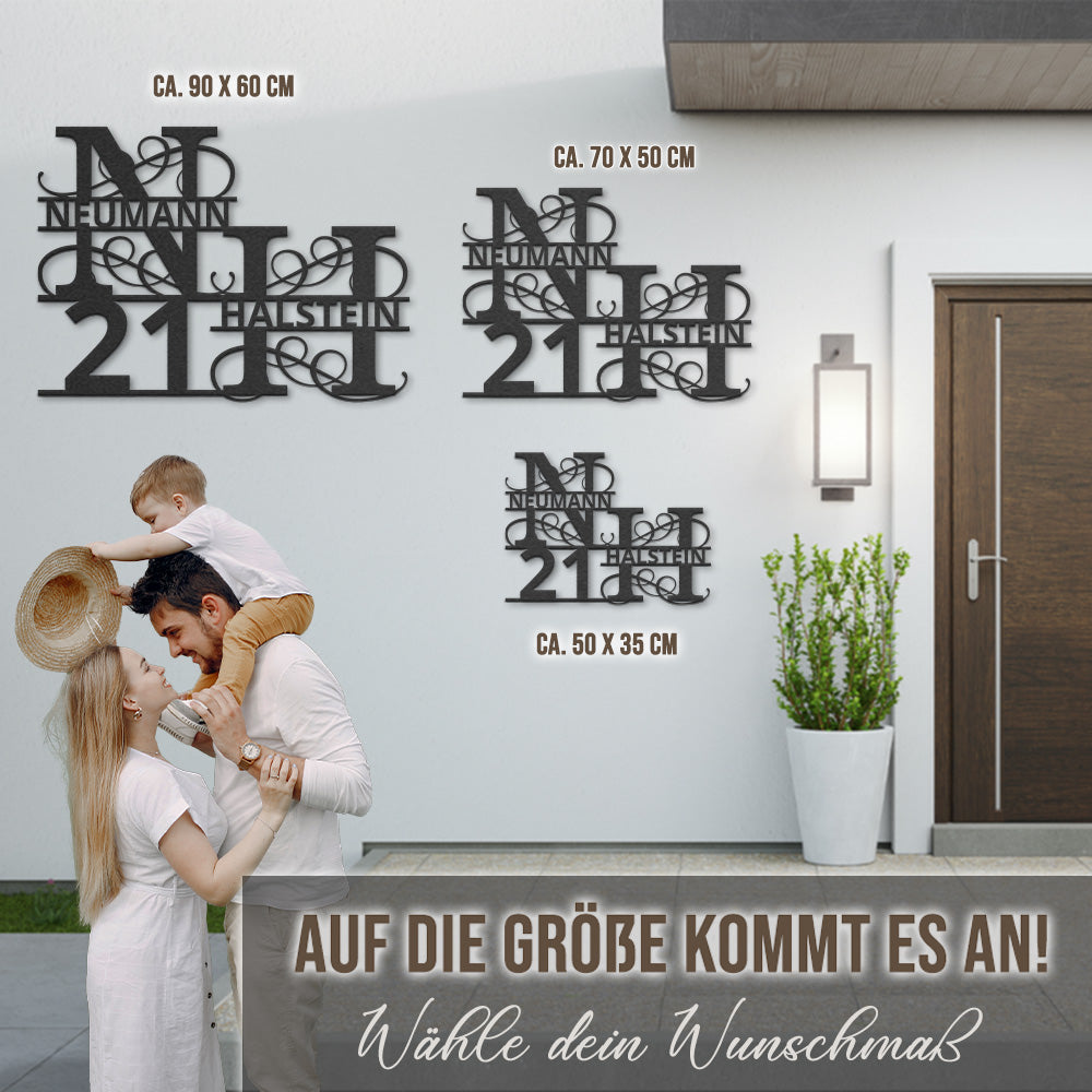 Hausnummern-Monogramm zweizeilig mit Namensinitialien und kompletten Vor-und Nachnamen (personalisierbar)