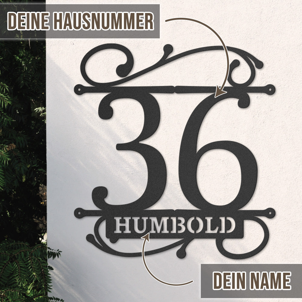 Hausnummer Türschild mit Ornament und Familiennamen aus edlem Stahl