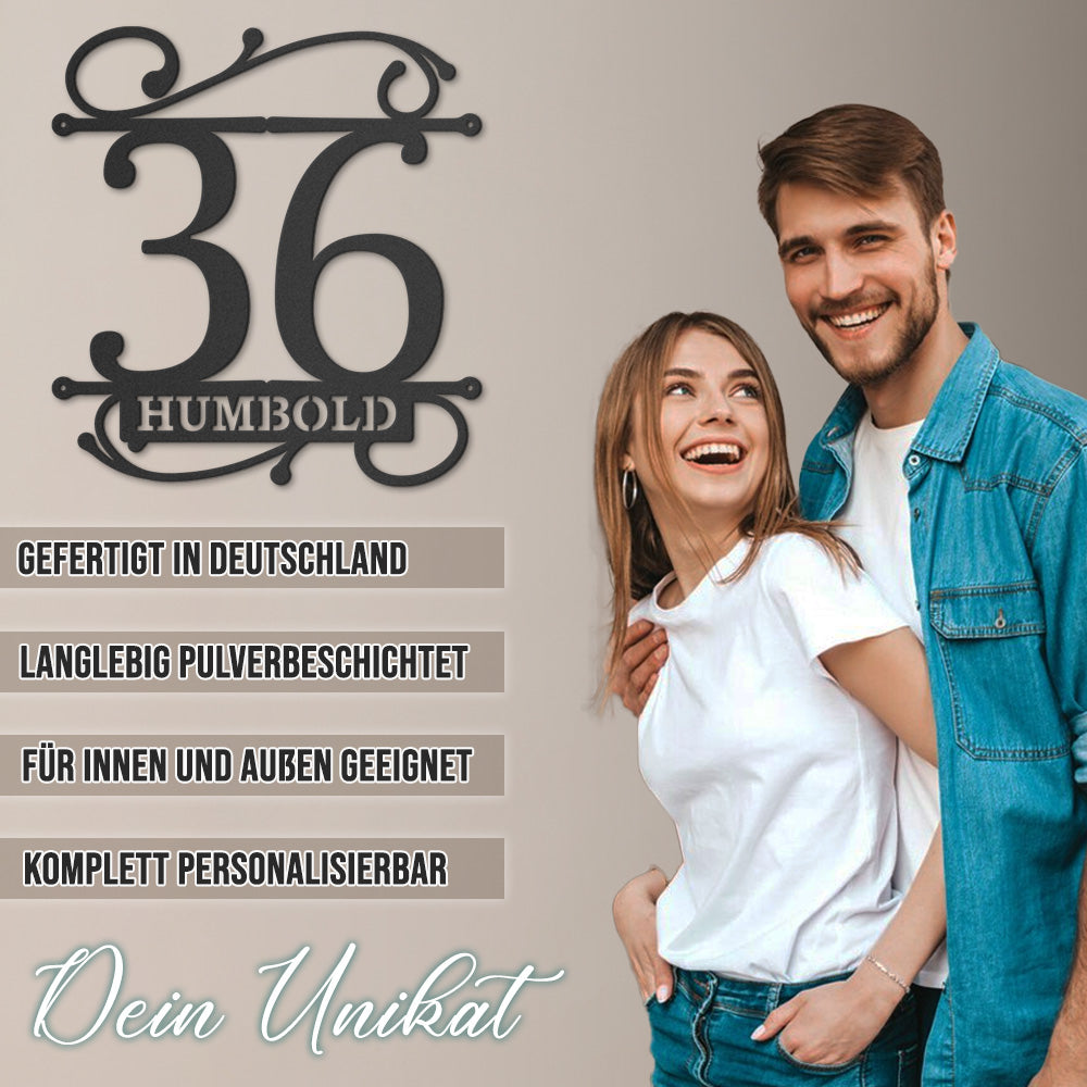 Hausnummer Türschild mit Ornament und Familiennamen aus edlem Stahl