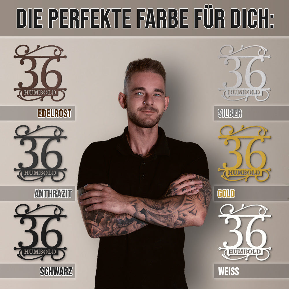 Hausnummer Türschild mit Ornament und Familiennamen aus edlem Stahl