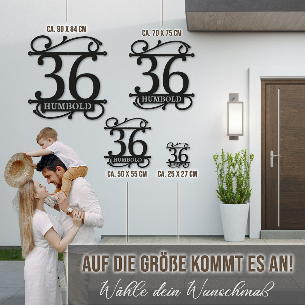 Hausnummer Türschild mit Ornament und Familiennamen aus edlem Stahl