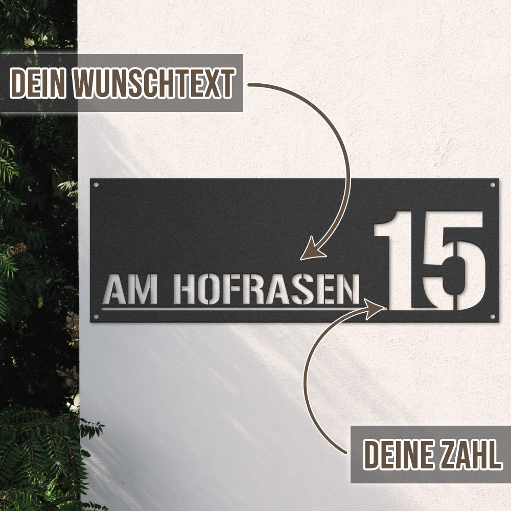 Hausnummern-Türschild Standard mit Straßen- oder Familiennamen aus edlem Stahl