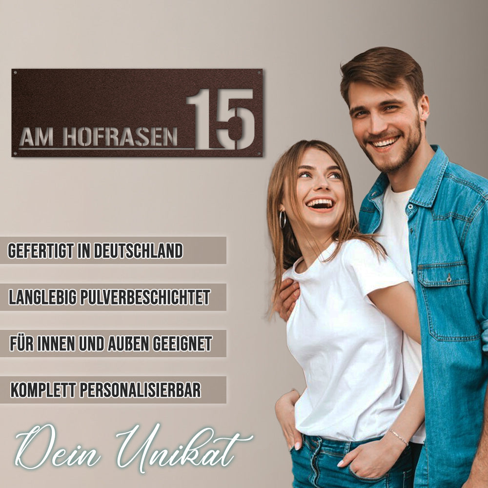 Hausnummern-Türschild Standard mit Straßen- oder Familiennamen aus edlem Stahl