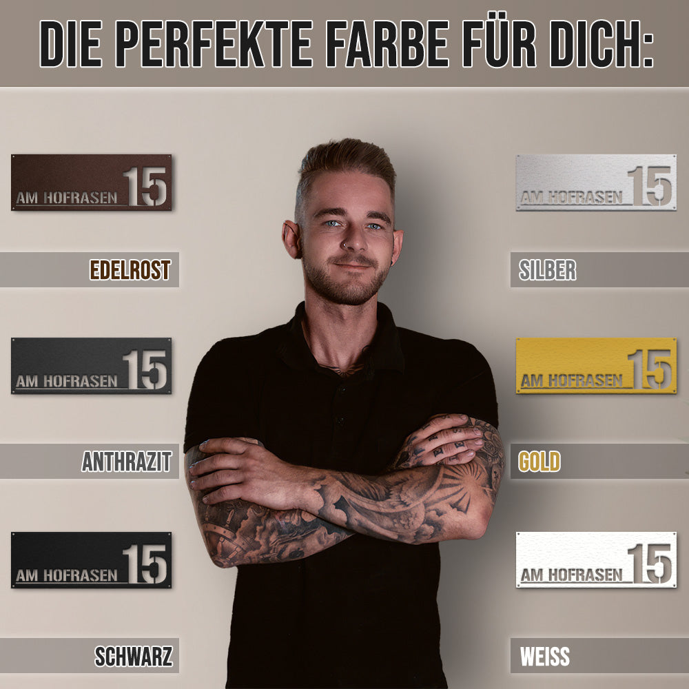 Hausnummern-Türschild Standard mit Straßen- oder Familiennamen aus edlem Stahl