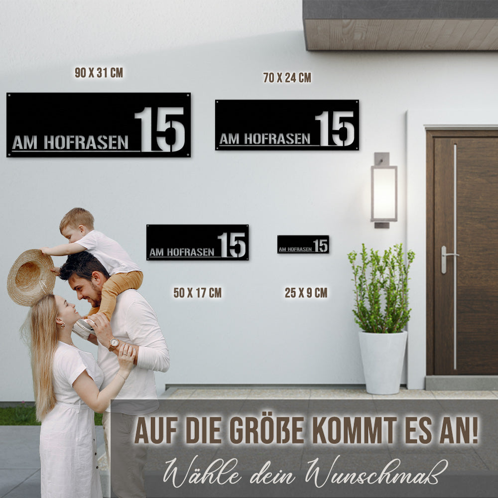 Hausnummern-Türschild Standard mit Straßen- oder Familiennamen aus edlem Stahl