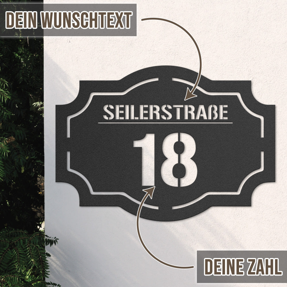 Hausnummern-Türschild Vintage mit Straßen- oder Familiennamen aus edlem Stahl