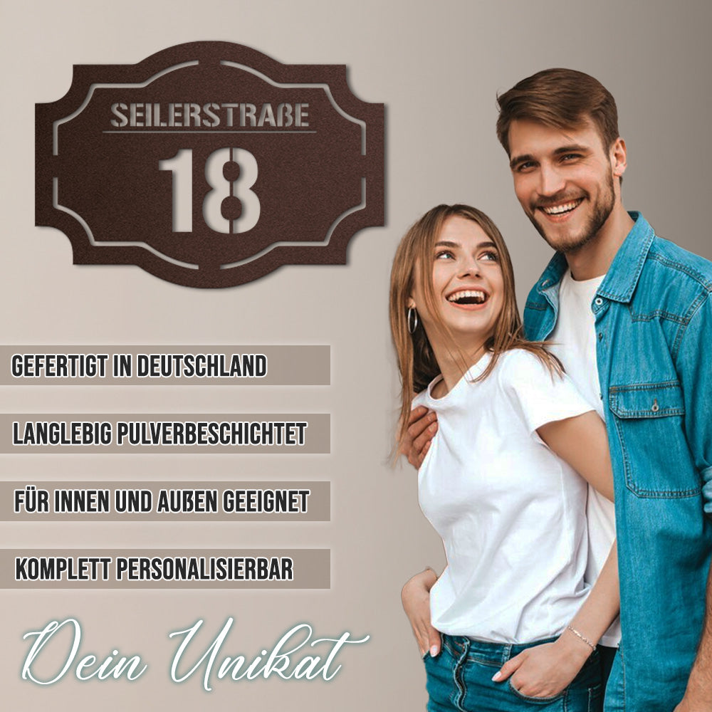 Hausnummern-Türschild Vintage mit Straßen- oder Familiennamen aus edlem Stahl