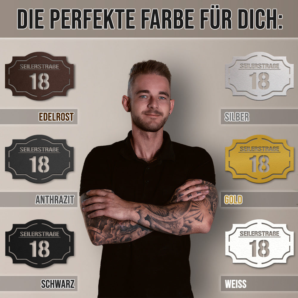 Hausnummern-Türschild Vintage mit Straßen- oder Familiennamen aus edlem Stahl