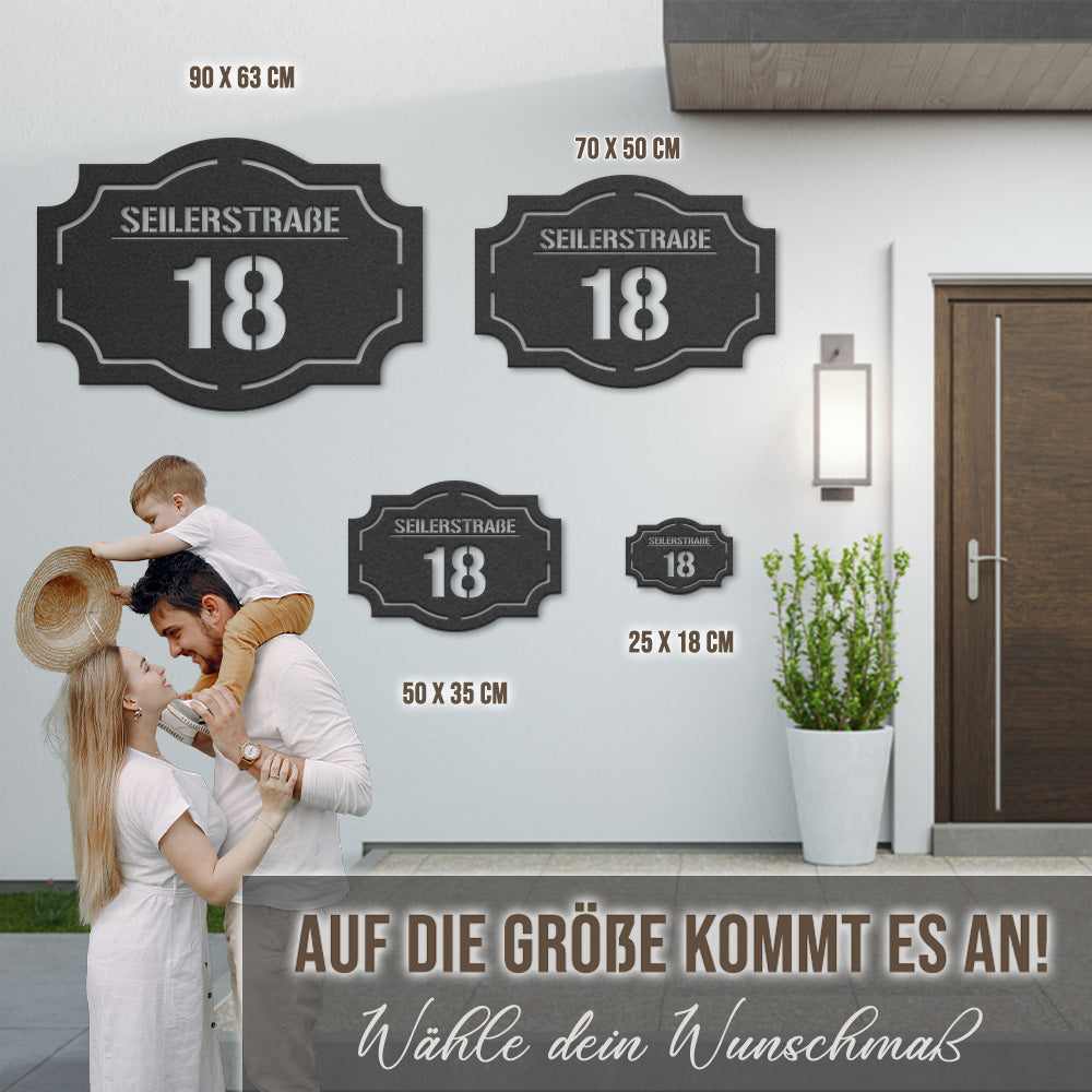 Hausnummern-Türschild Vintage mit Straßen- oder Familiennamen aus edlem Stahl