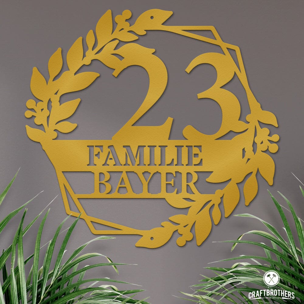 Hausnummernschild Floral mit Familiennamen (personalisierbar) Dekoartikel Craftbrothers