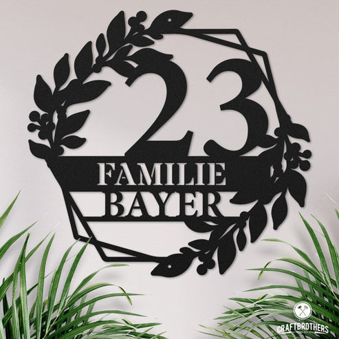 Hausnummernschild Floral mit Familiennamen (personalisierbar) Dekoartikel Craftbrothers