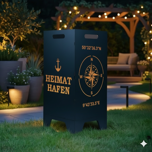 Feuertonne personalisierbar - Kompass mit Koordinaten aus edlem Stahl