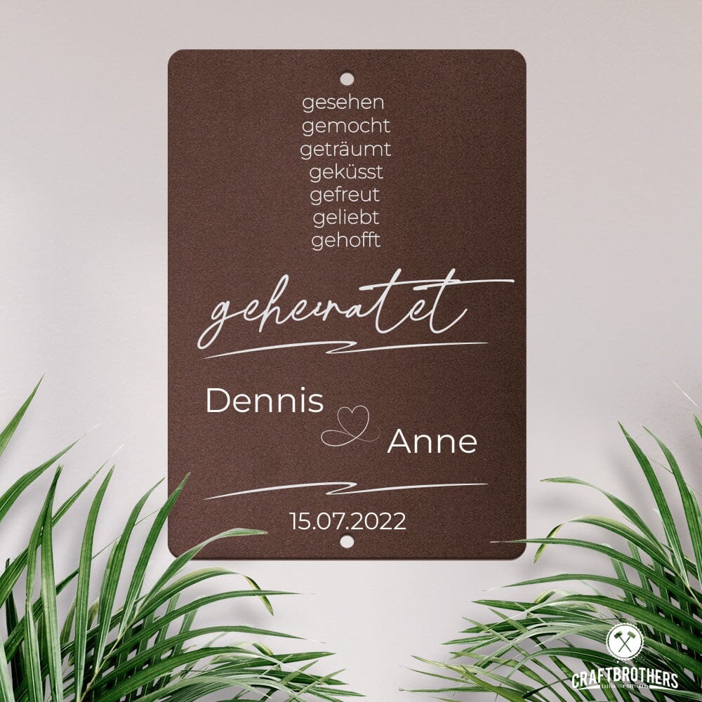Personalisierbare Stahltafel -Gesehen, gemocht ... geheiratet - personalisierbares Hochzeitsgeschenk Tafel Craftbrothers
