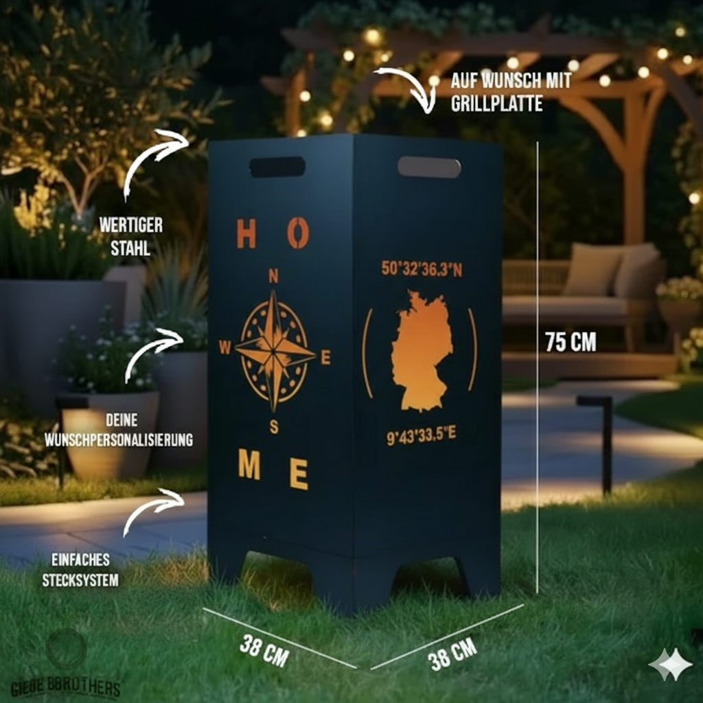 Feuertonne personalisierbar - Kompass & Weltkarte mit Koordinaten aus edlem Stahl