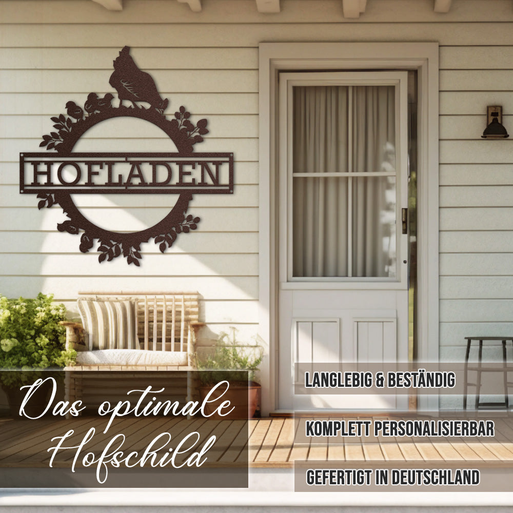 Hofschild - Hühnerkranz aus edlem Stahl (personalisierbar)