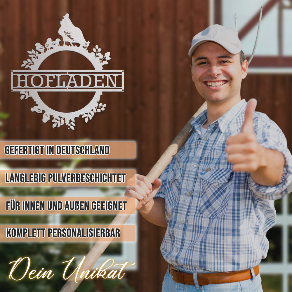 Hofschild - Hühnerkranz aus edlem Stahl (personalisierbar)