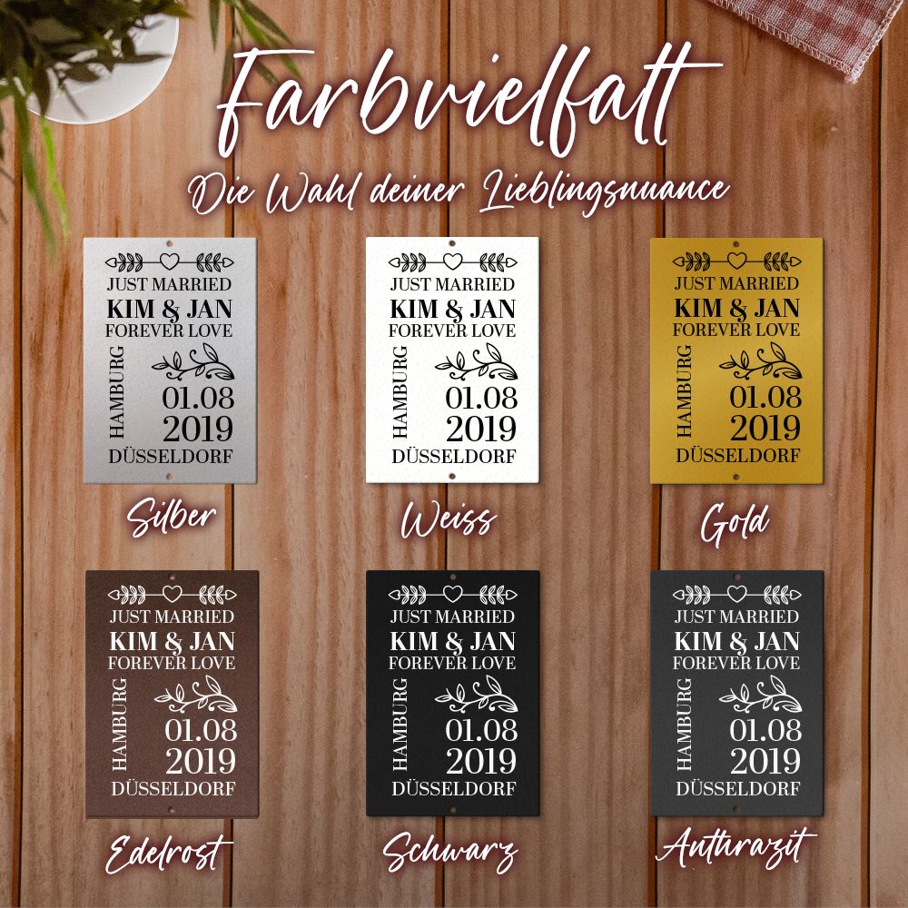 Personalisierbare Hochzeitsgeschenk-Stahltafel - Just married Tafel Craftbrothers